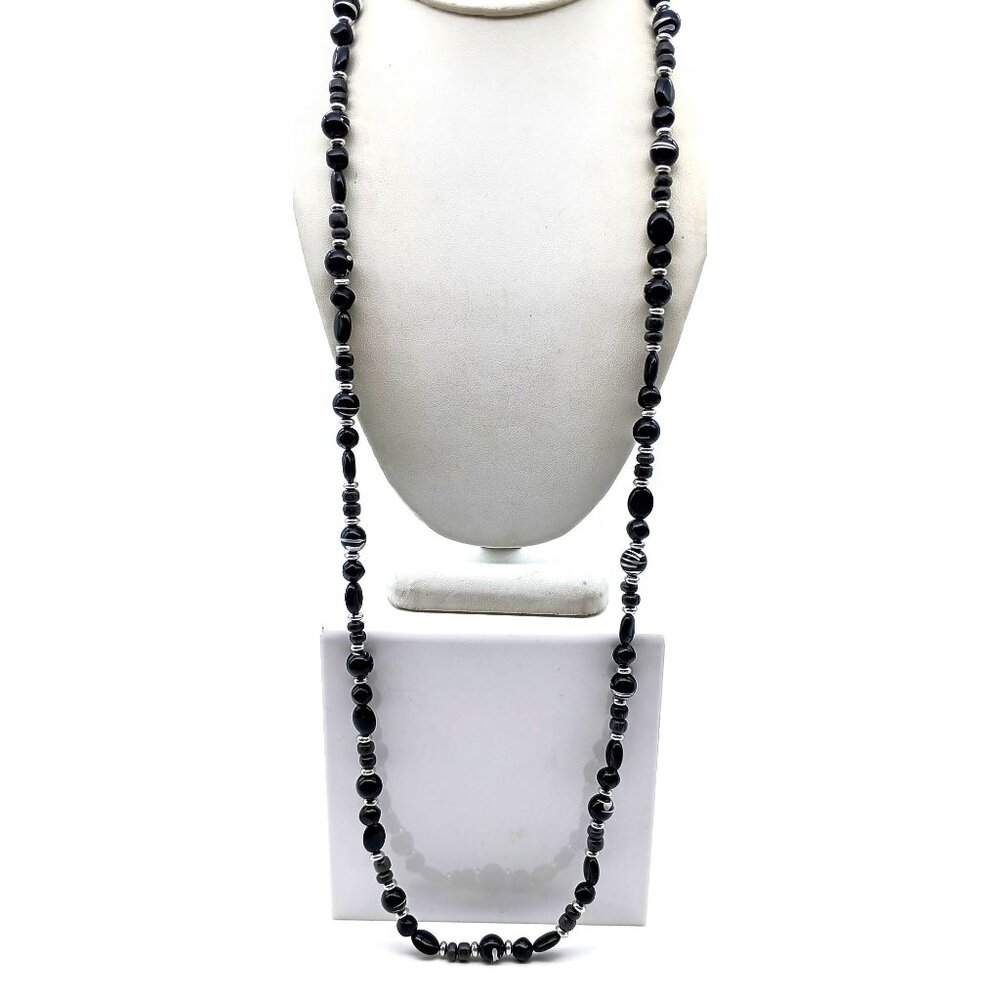 Splatter Paint Artsy Beaded Necklace, Long Vintage Lucite Strand in Black